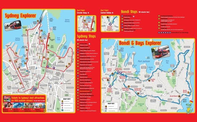 Mapa dos passeios de ônibus Sydney Hop On Hop Off