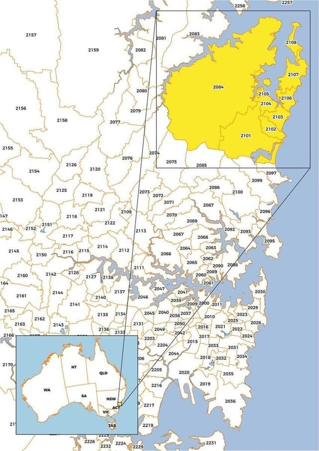 Mapa de códigos postais de Sydney