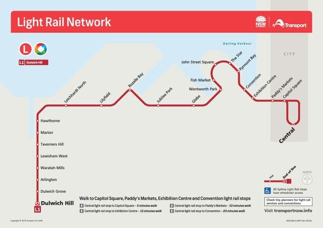 Mapa das estações de eléctrico de Sydney