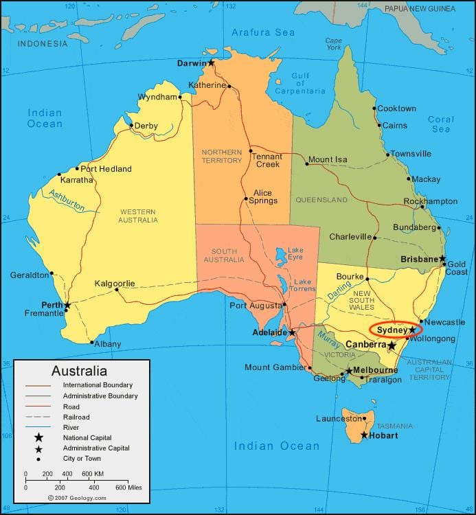Sydney no mapa da Austrália